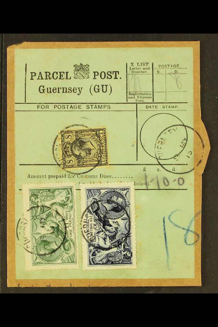 1913 10s Indigo "Seahorse" , £1 Dull Blue Green "Seahorse" & An 8d Black/yellow Definitive Tied To A Complete Guernsey P - Non Classés