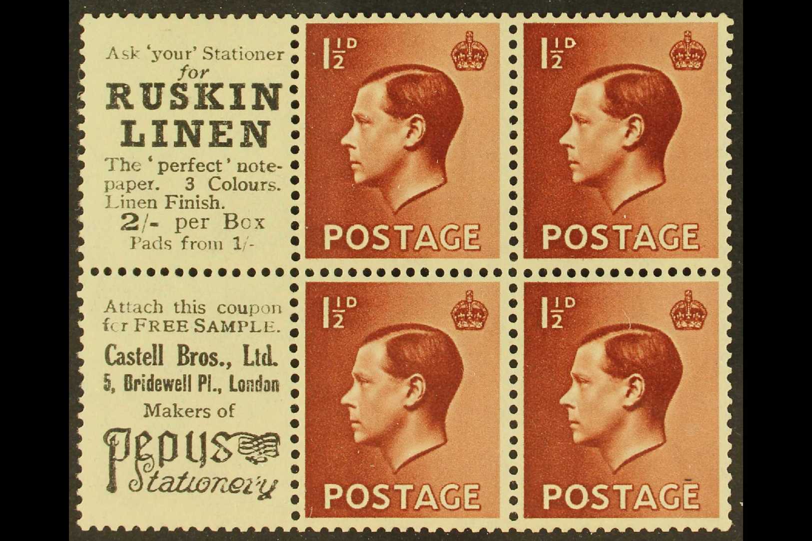 BOOKLET PANES WITH ADVERTISING LABELS 1½d Red Brown Booklet Panes Of 4 With 2 Advertising Labels (Ruskin Linen),  SG Spe - Zonder Classificatie