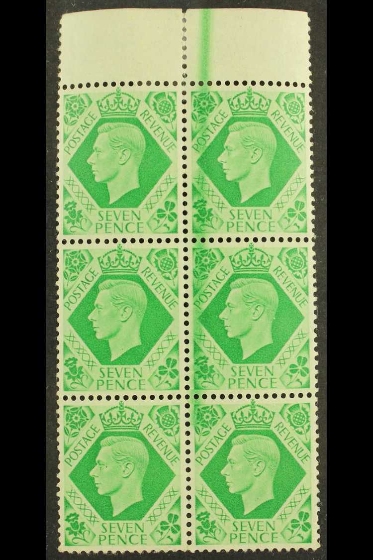 1937-47 7d Emerald-green, Block Of 6 With LARGE GREEN INK FLAW In Top Margin And Down Three Stamps, SG 471, Hinged In Ma - Unclassified