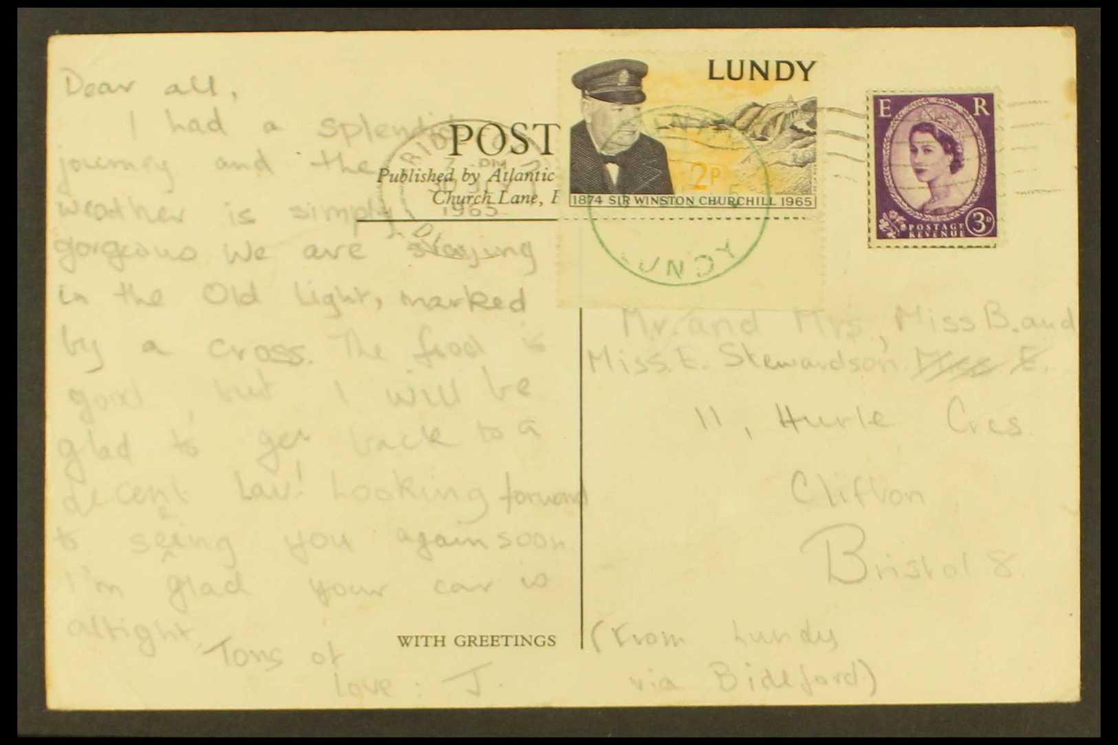 LUNDY 1965 Picture Postcard (map Of Lundy) To Bristol, Bearing GB 3d Wilding Plus Lundy 2p Churchill Tied By Bideford Ma - Andere & Zonder Classificatie