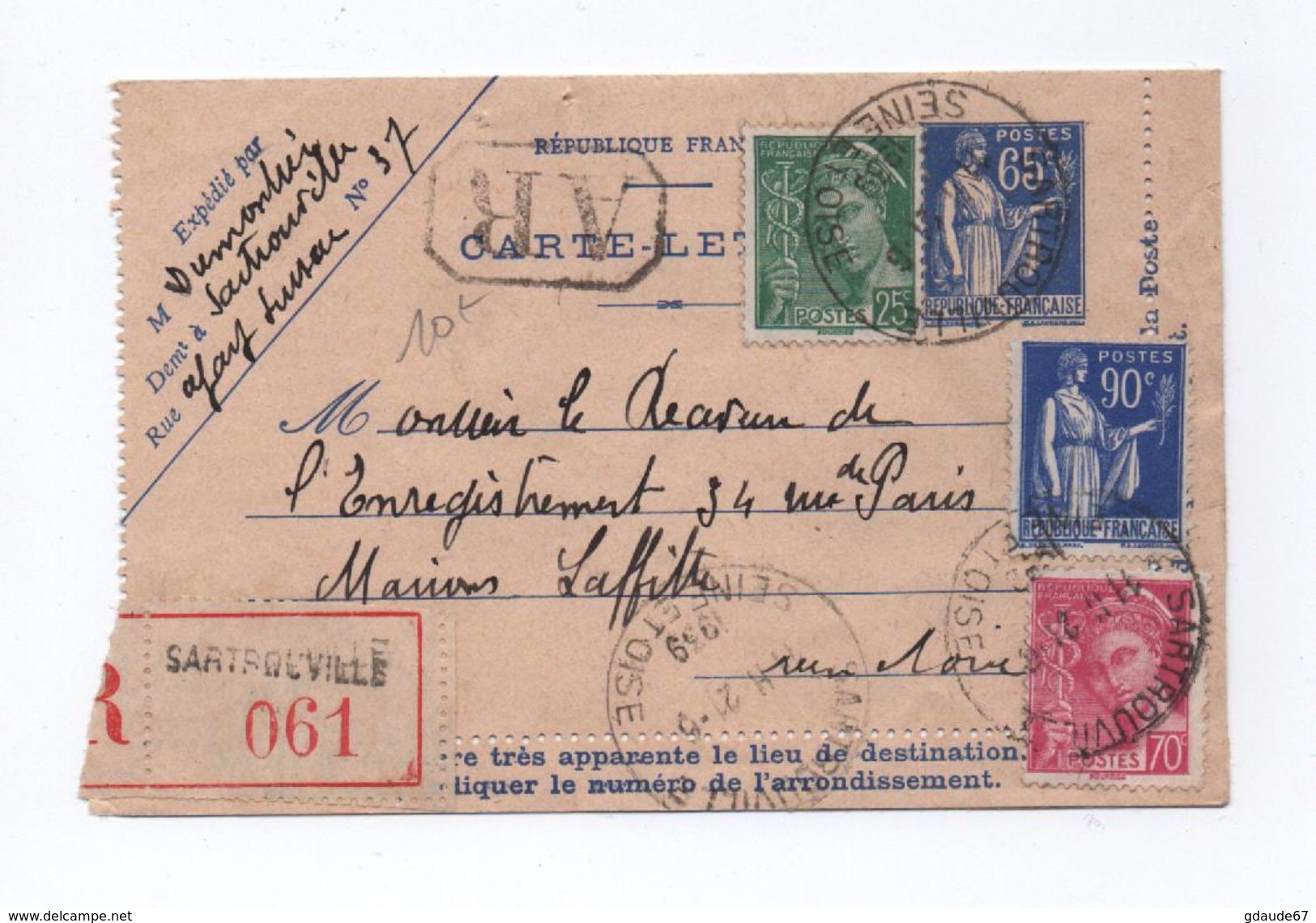 1939 - CARTE LETTRE TYPE PAIX RECOMMANDEE De SARTROUVILLE - MERCURE - 1921-1960: Période Moderne