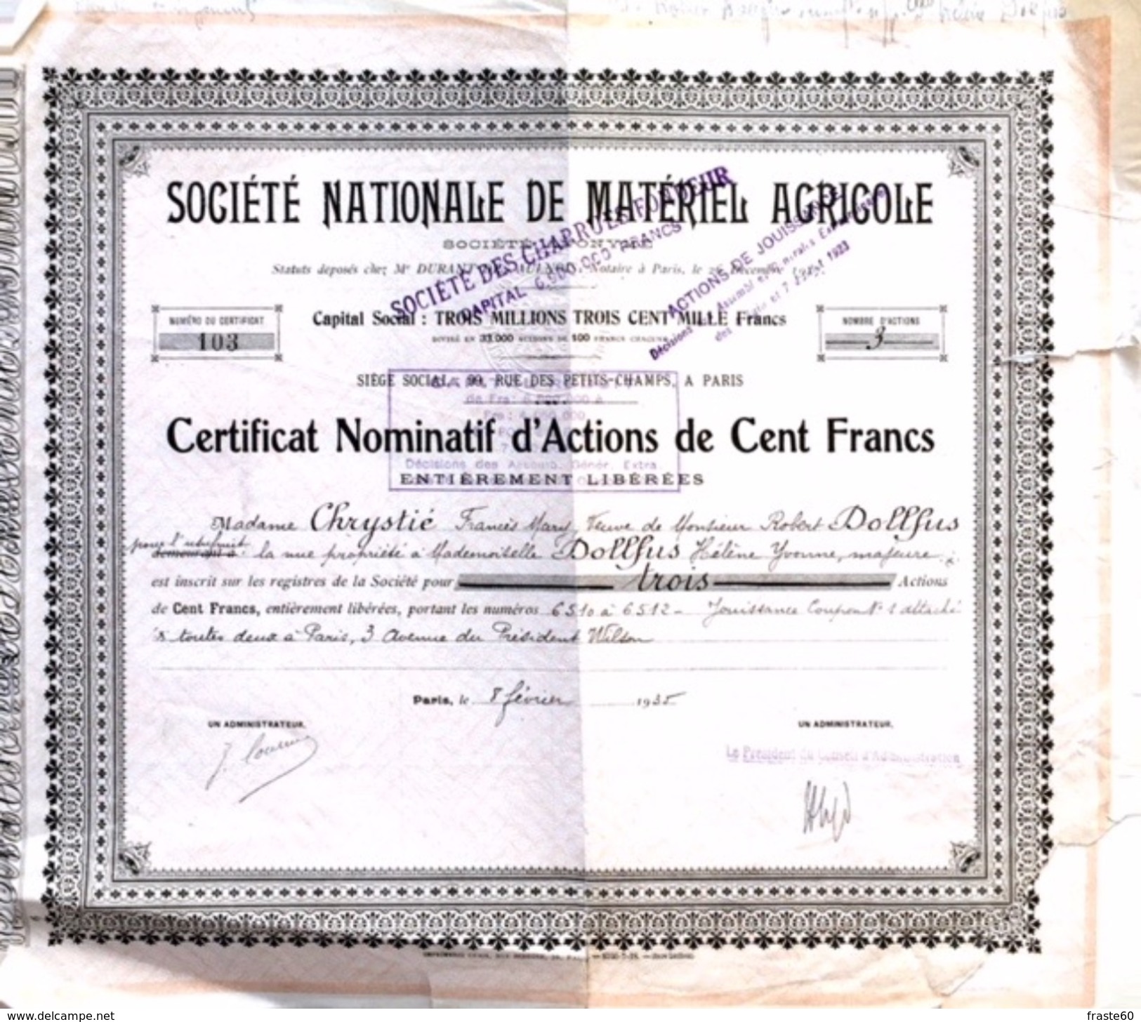 Lot De 6 Certificats D'Actions Nominatives De 100 Francs  "Société Nationale De Matériel Agricole " - Agriculture