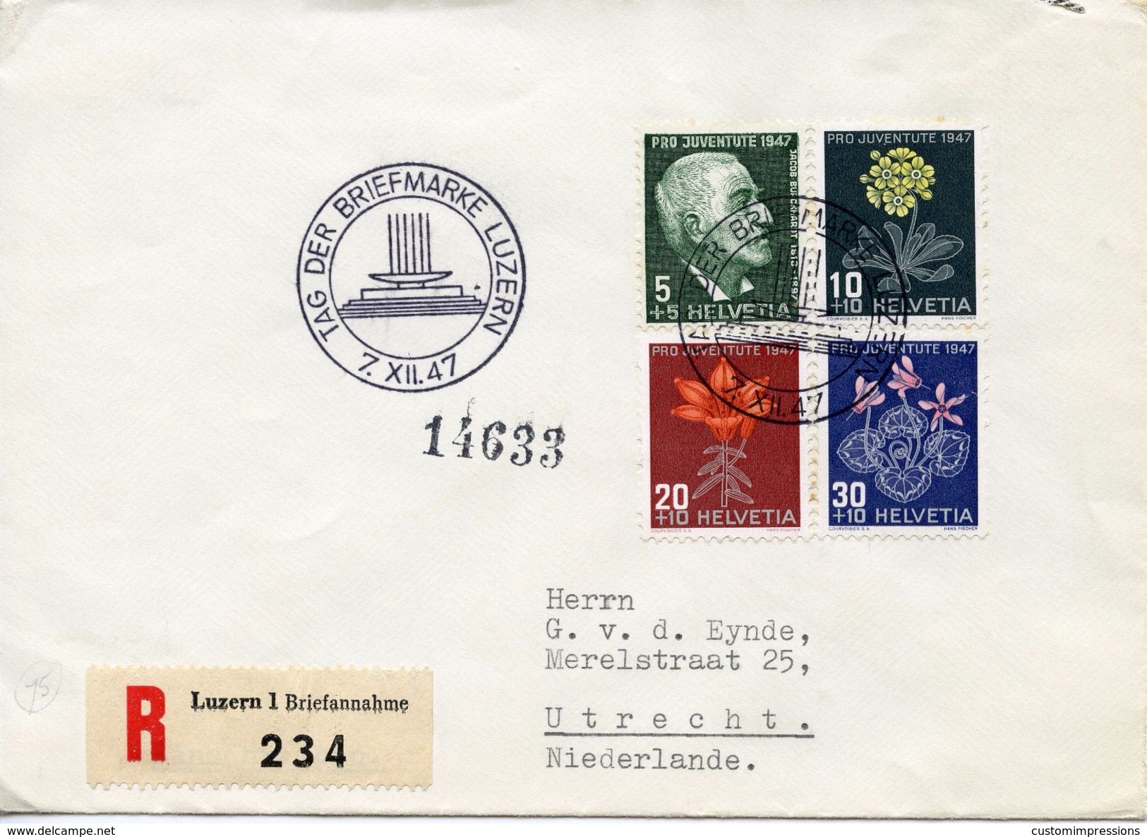 SWITZERLAND -  1947 Pro Juventute - The 50th Anniversary Of The Death Of Jacob Burckhardt - Flowers  FDC1598 - Lettres & Documents