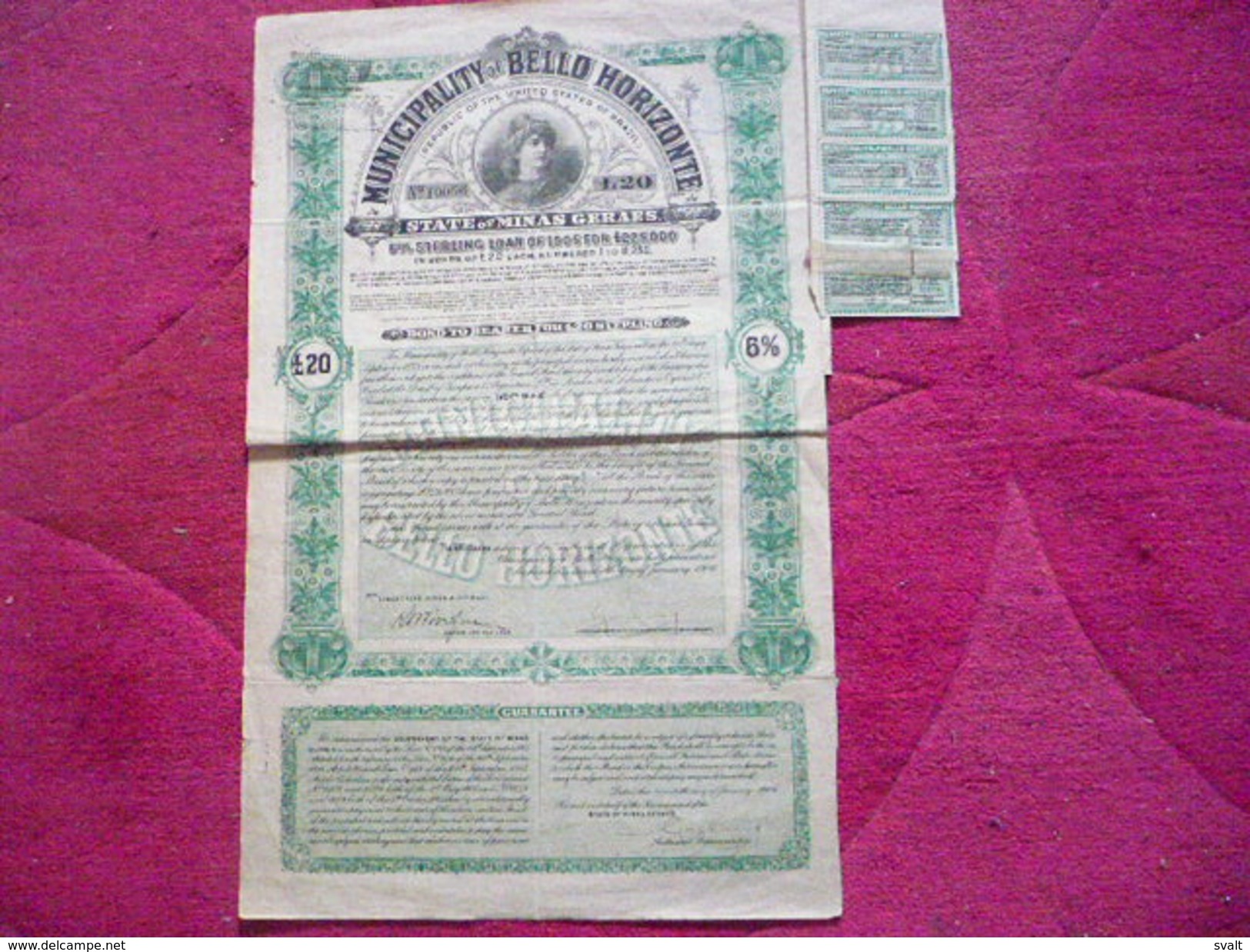 Brasil / Brazil / Brésil : :    BOND MUNICIPALITY OF HORIZONTE LOAN 6 % OF 1905 In Bonds Of £ 20 Each - Autres & Non Classés