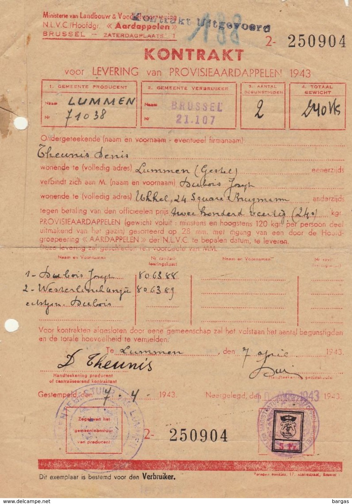 Document Timbré Guerre WWII Levering Van Aardapellen 1943 Van Lummen Gestel Tot Brussel Par Tram Chemin De Fer Vicinal - Sonstige & Ohne Zuordnung