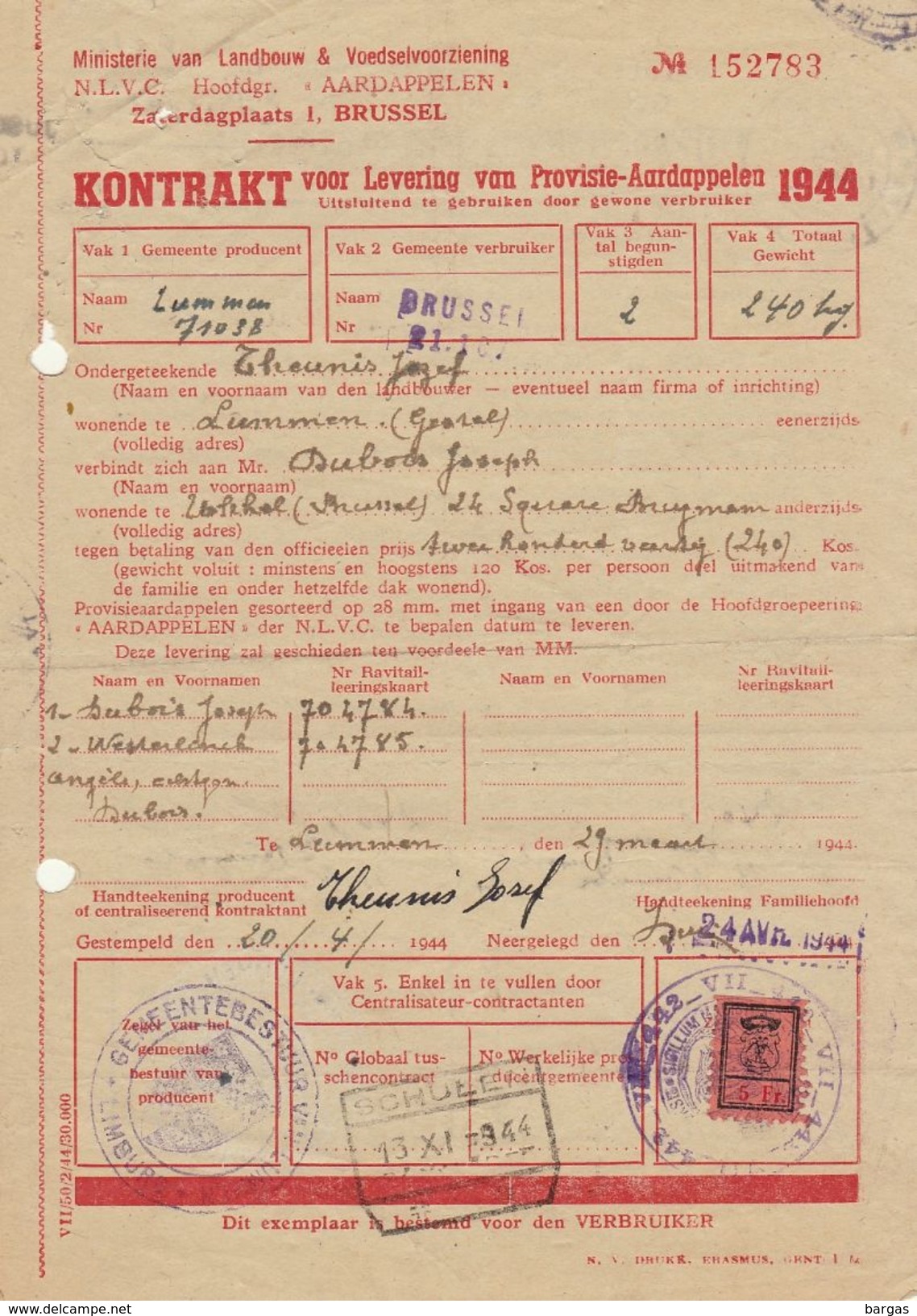 Document Timbré Guerre WWII Levering Van Aardapellen 1943 Van Lummen Gestel Tot Brussel Par Tram Chemin De Fer Vicinal - Sonstige & Ohne Zuordnung