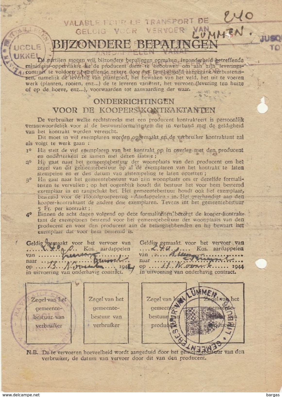 Document Timbré Guerre WWII Levering Van Aardapellen 1943 Van Lummen Gestel Tot Brussel Par Tram Chemin De Fer Vicinal - Sonstige & Ohne Zuordnung