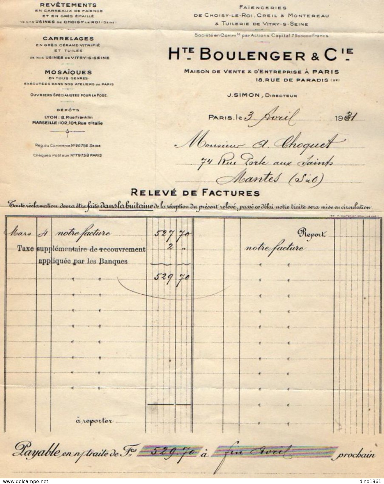 VP11.700 - Facture - Faienceries De Choisy Le Roi, Creil, Montereau & Tuilerie De Vitry Sur Seine Hte BOULENGER à PARIS - 1900 – 1949