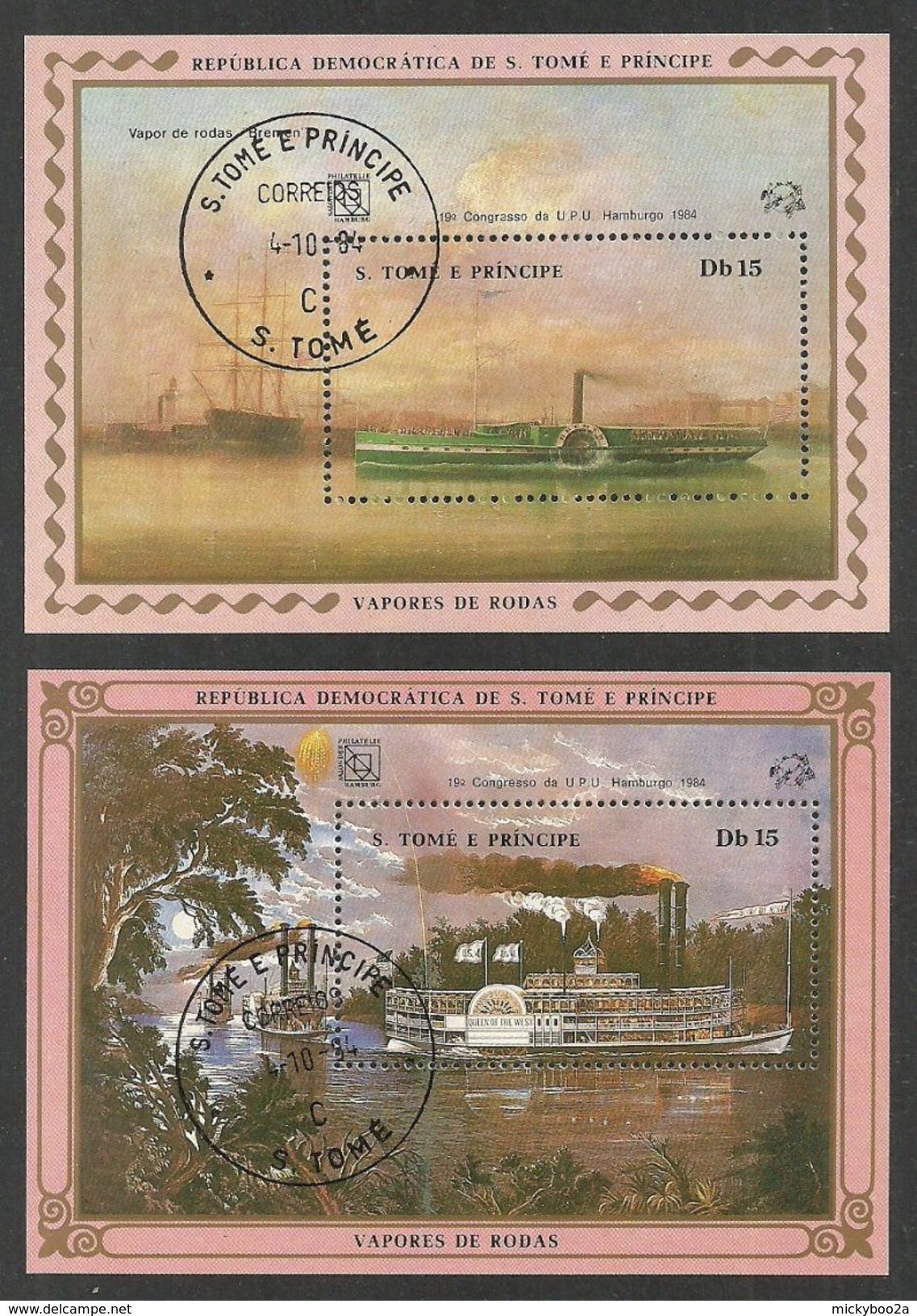 ST THOMAS AND PRINCE 1984 SHIPS UPU HAMBURG DELUXE M/SHEETS USED CTO - Sao Tome And Principe