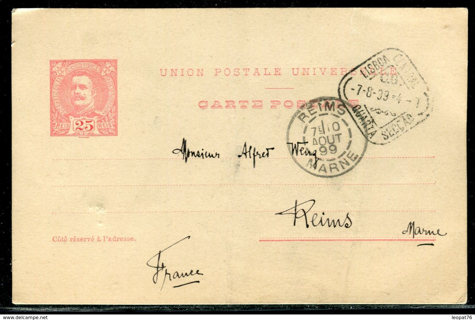 Portugal - Entier Postal De Lisbonne Pour Reims En 1899 - Ref D20 - Enteros Postales