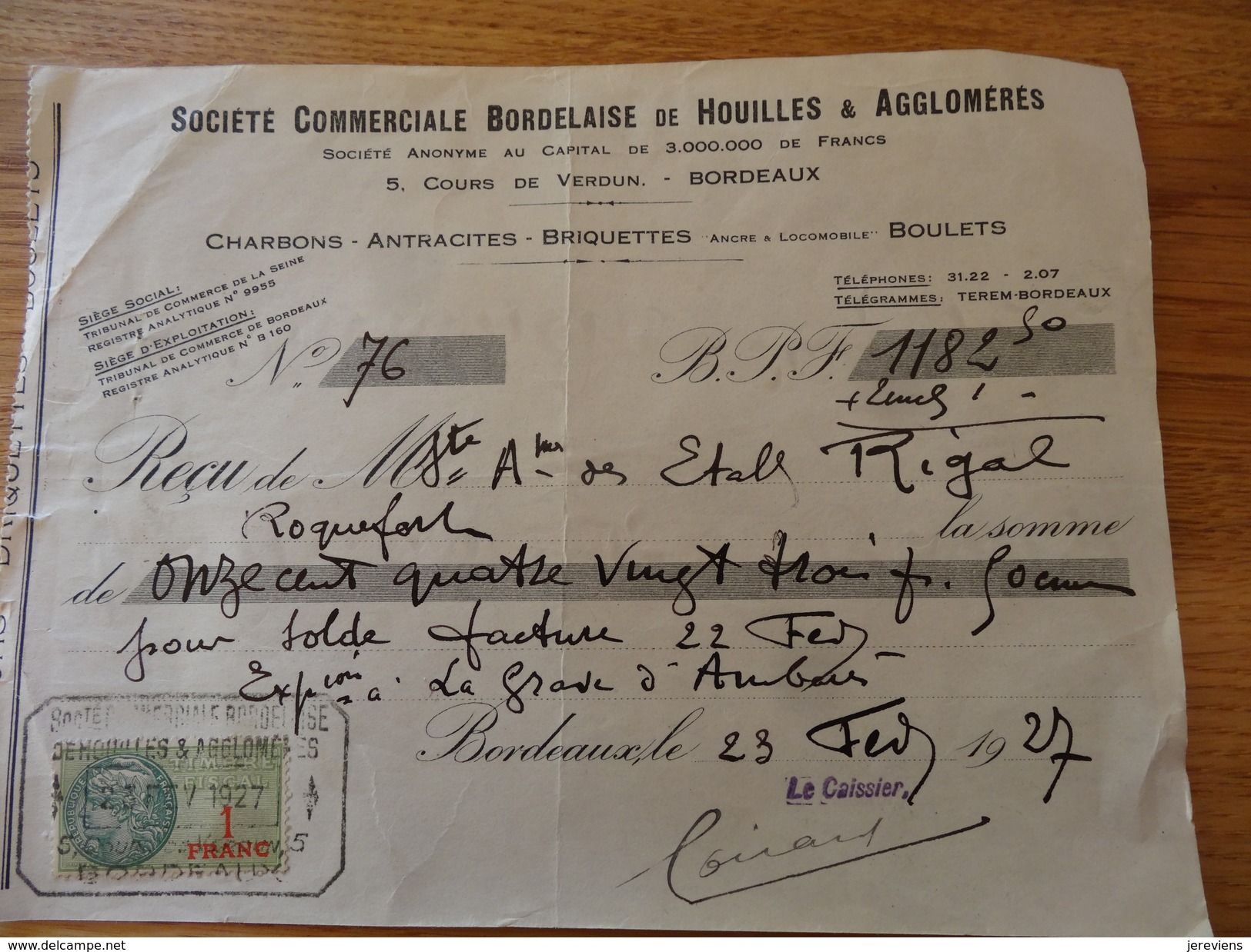 Bordeaux Gironde Charbons Anthracites Briquettes 1927 - Other & Unclassified