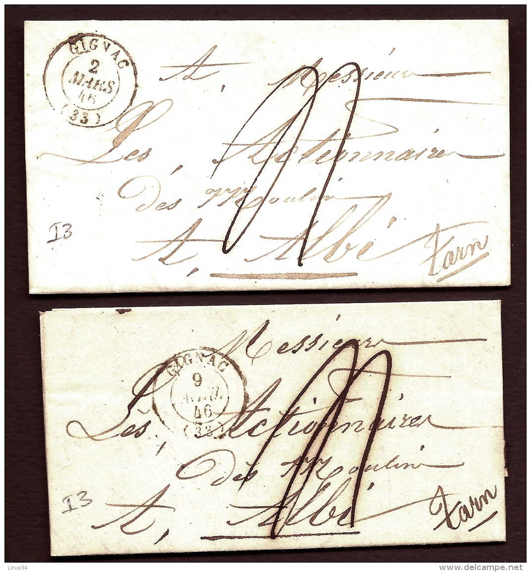 LOT 2 LETTRES PRECURSEURS FRANCE- MARQUE POSTALE (33) : GIGNAC- 1846- CAD TYPE 15- TAXE 4 DECIMES- - 1801-1848: Précurseurs XIX