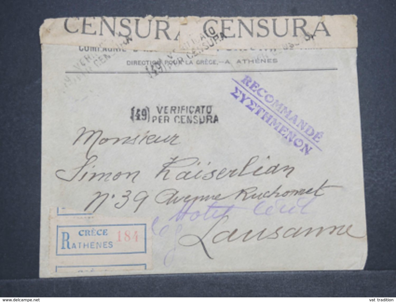 GRECE - Enveloppe En Recommandé + Contrôle Postal, De Athènes Pour La Suisse En 1917 , Timbres Au Dos Enlevés -  L 10456 - Storia Postale