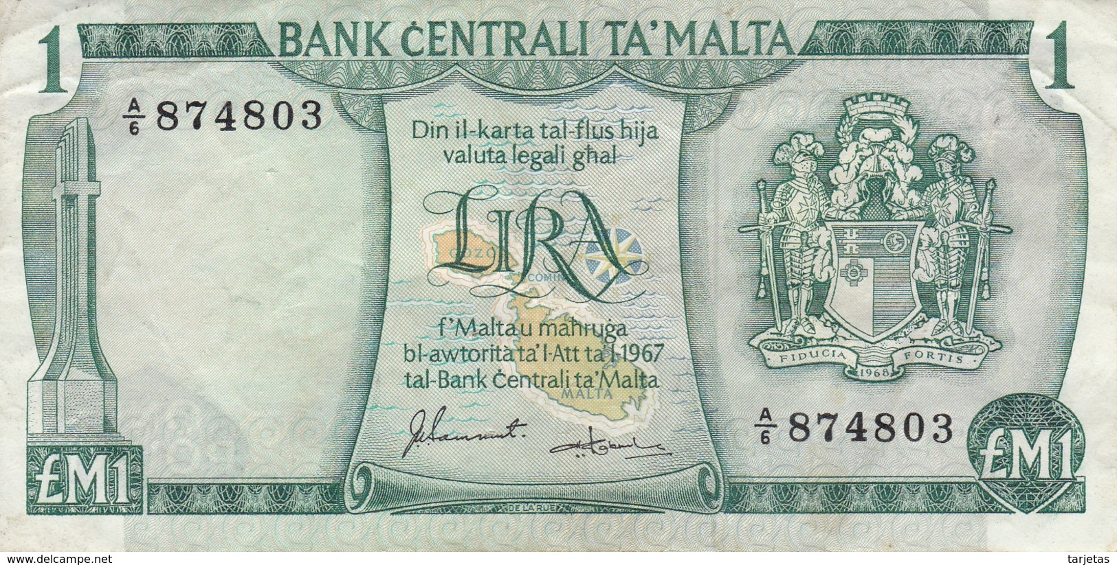 BILLETE DE MALTA DE 1 LIRA DEL AÑO 1967 (BANKNOTE) - Malta