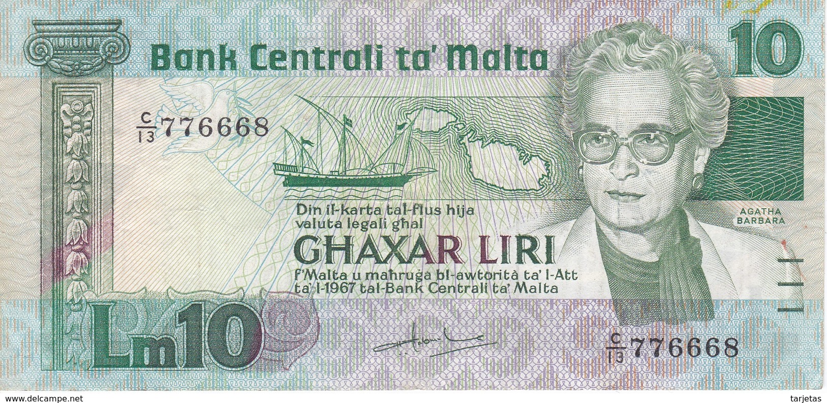 BILLETE DE MALTA DE 10 LIRAS DEL AÑO 1986 EN CALIDAD EBC (XF) (BANKNOTE) - Malta