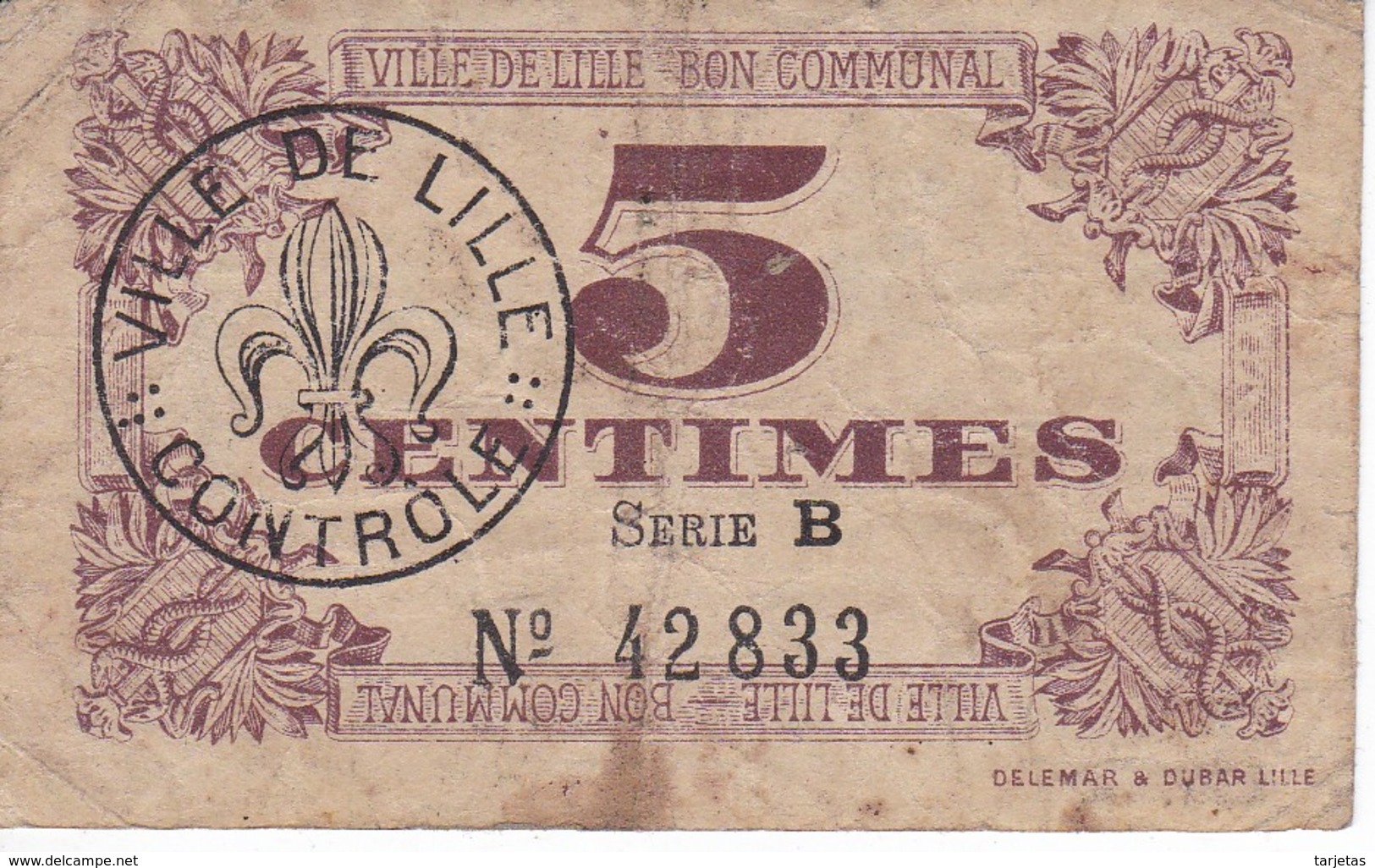 BILLETE DE FRANCIA DE 5 CENTIMES DEL AÑO 1917 VILLE DE LILLE  (BANKNOTE) - Bonds & Basic Needs