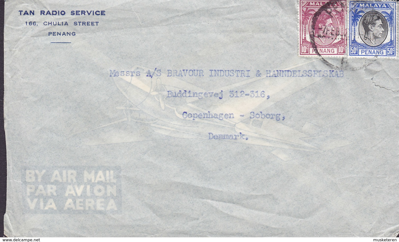 Penang Air Mail Par Avion Via Aerea TAN RADIO SERVICE PENANG 1952 (Thin Paper) Cover Brief SØBORG Denmark - Penang