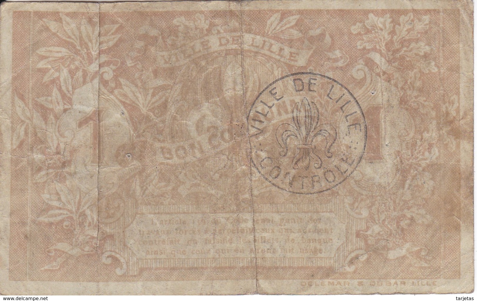 BILLETE DE FRANCIA DE 1 FRANC DEL AÑO 1917 DE LA VILLE DE LILLE  (BANKNOTE) PIROT: 59-1636 - Bonos