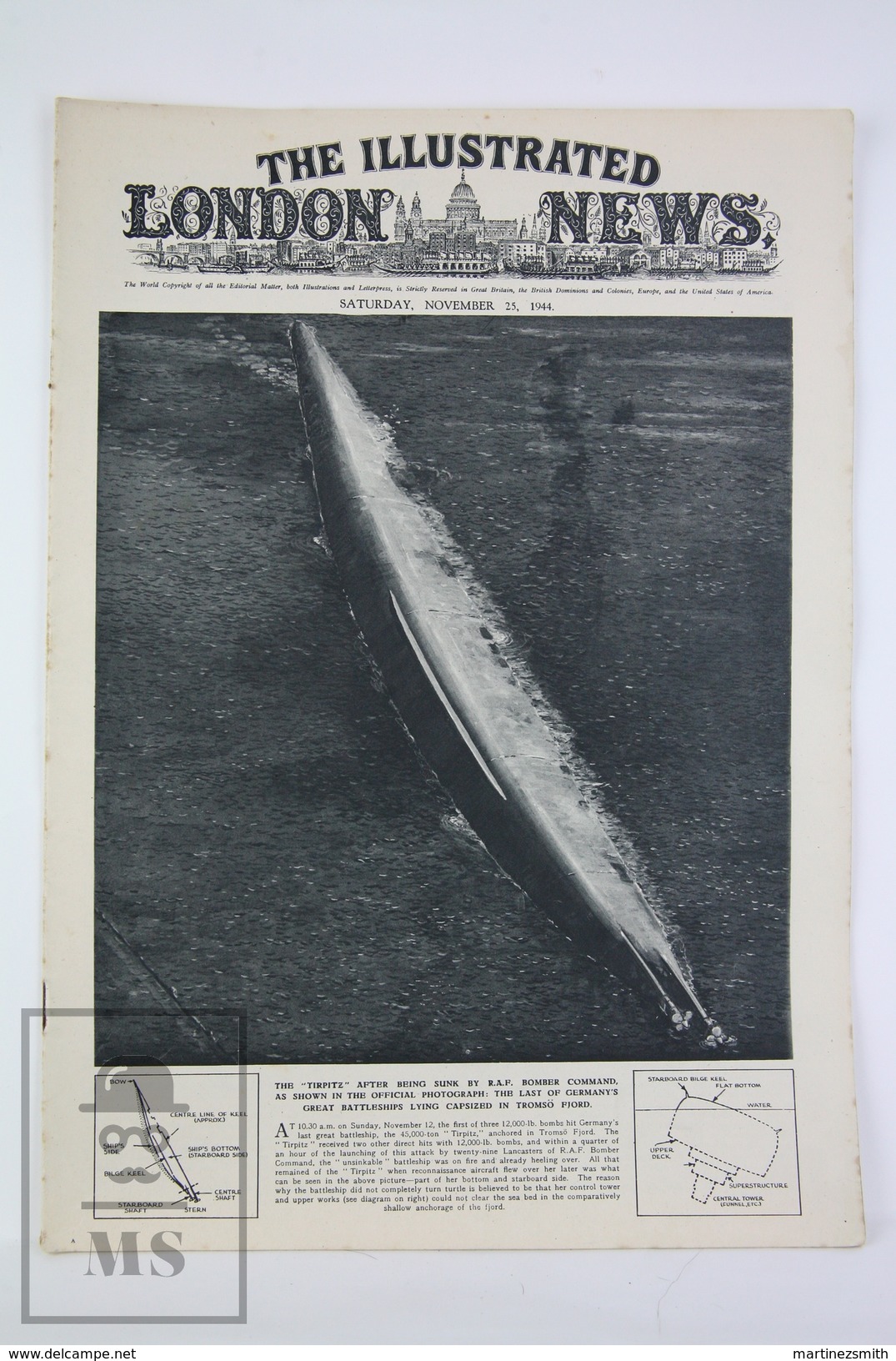 WWII The Illustrated London News, April 21, 1945, November 25, 1944 - The Tripitz Sunk Ship - Philippines Battle Scenes - Historia