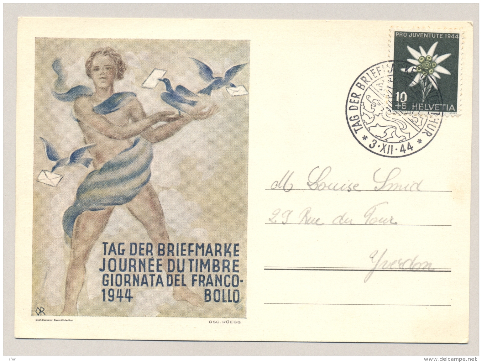 Schweiz - 1944 - 10c Pro Juventute On Tag De Briefmarke Postcard - Briefe U. Dokumente