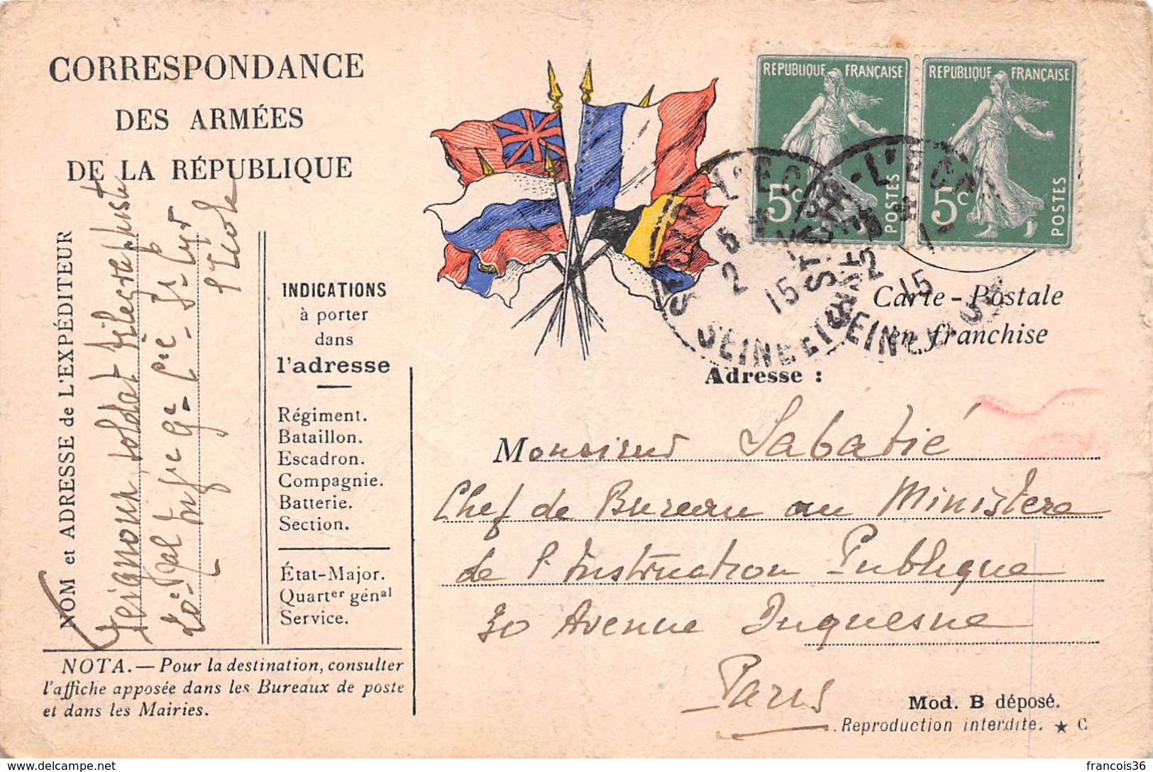 Lot de 83 CPA en franchise - Correspondance des Armées de la République - témoignages de guerre 1914 1918