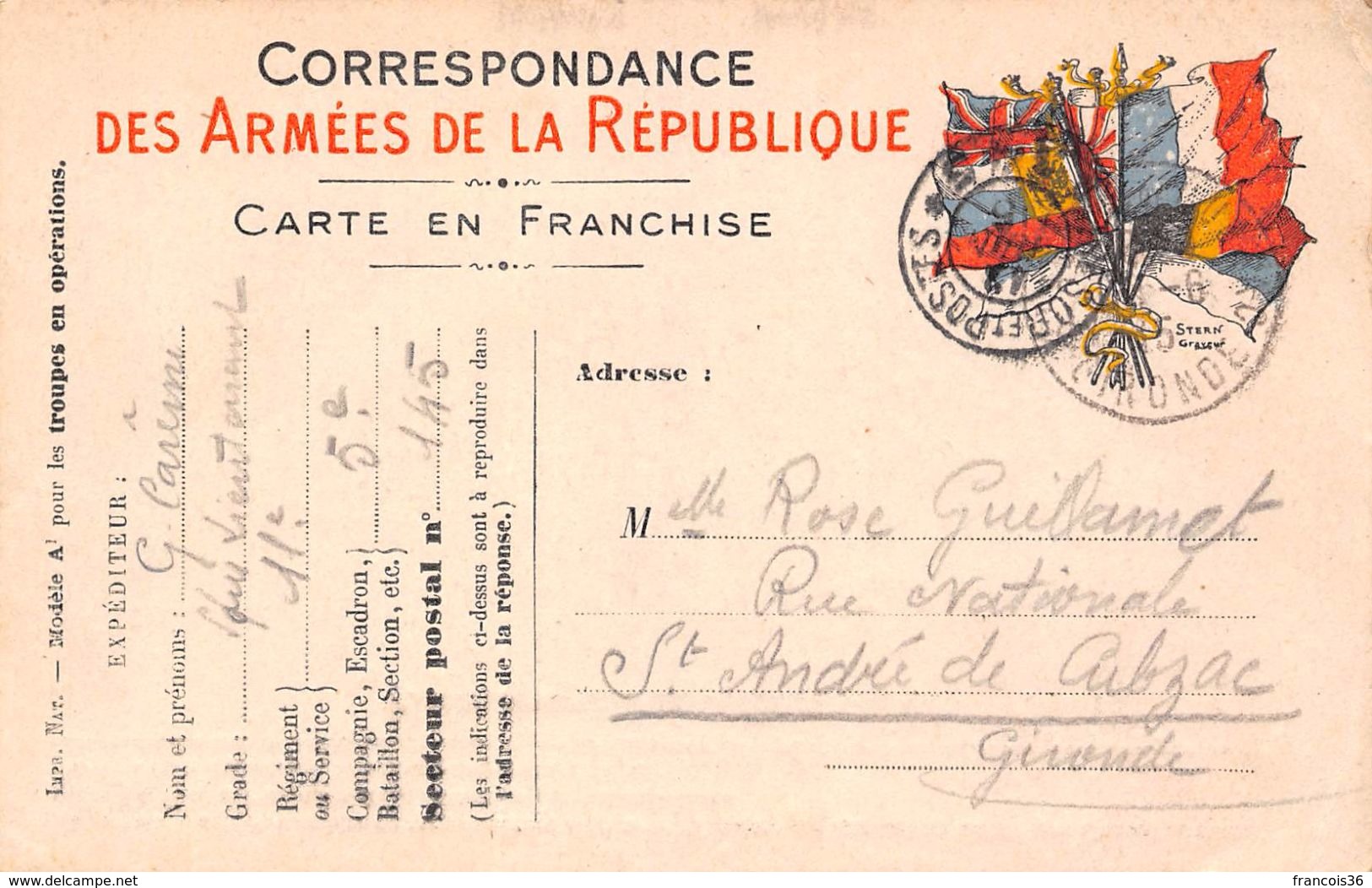 Lot de 83 CPA en franchise - Correspondance des Armées de la République - témoignages de guerre 1914 1918