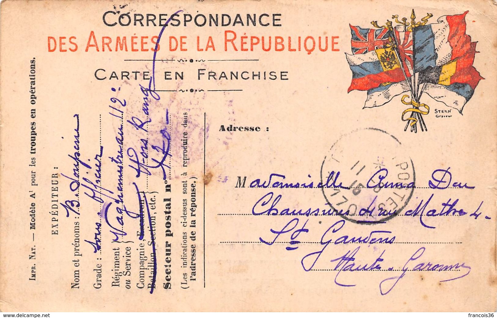 Lot de 83 CPA en franchise - Correspondance des Armées de la République - témoignages de guerre 1914 1918