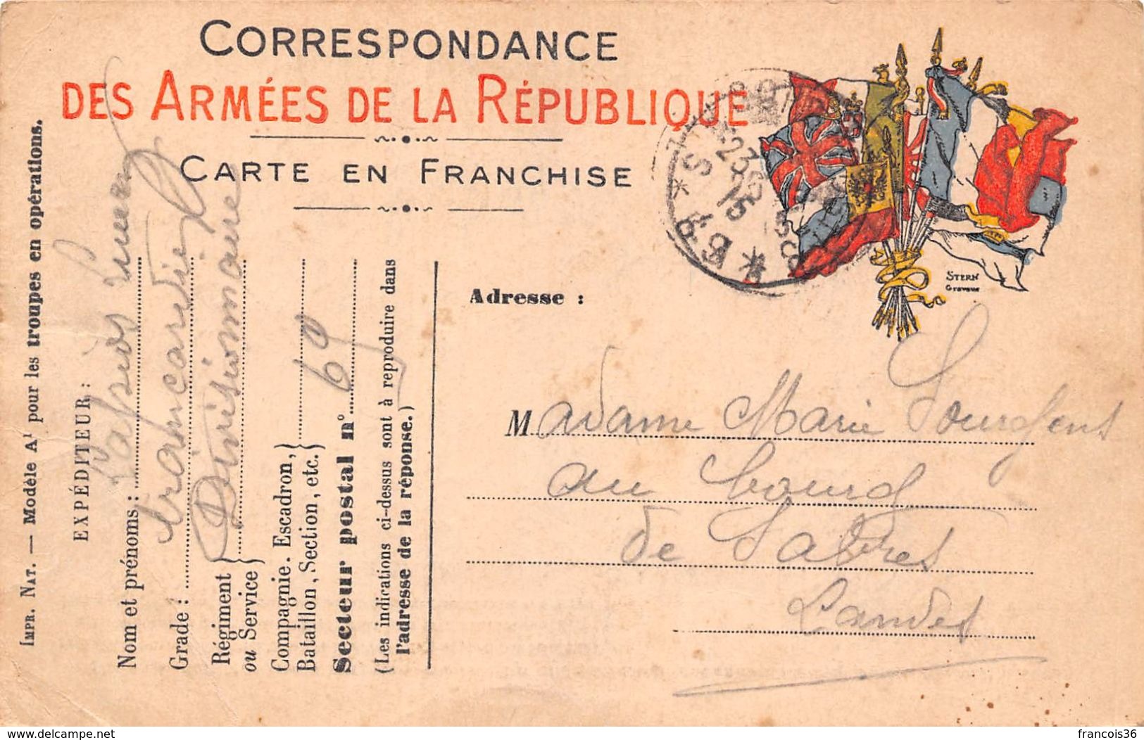 Lot de 83 CPA en franchise - Correspondance des Armées de la République - témoignages de guerre 1914 1918