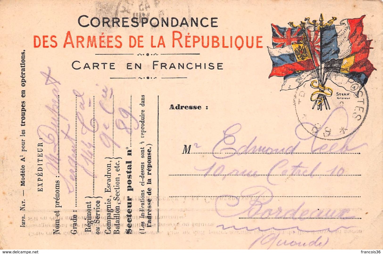 Lot de 83 CPA en franchise - Correspondance des Armées de la République - témoignages de guerre 1914 1918