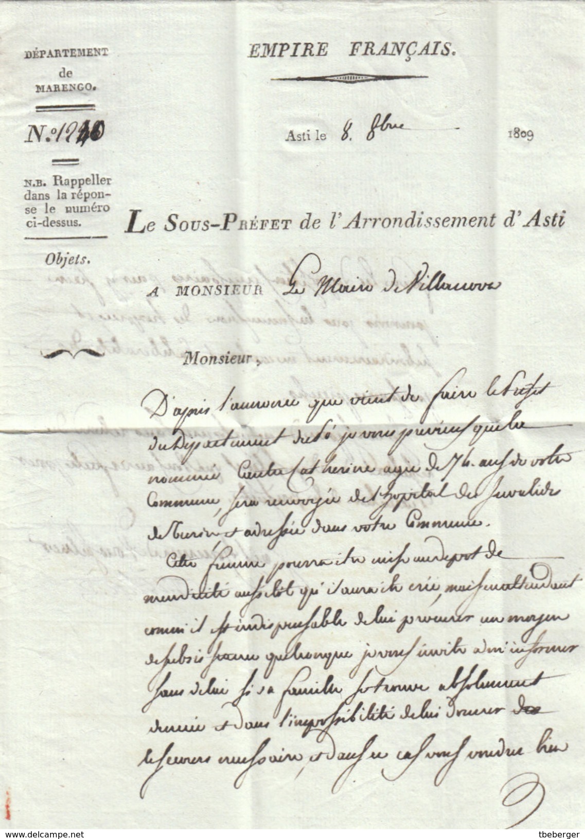 France Italia Dept Conquis Marengo Entier 106 ASTI Sardinia Pour Villanova D'Asti 1809 (q10) - 1792-1815: Dipartimenti Conquistati