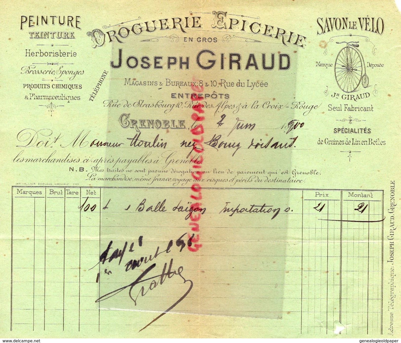 38- GRENOBLE- FACTURE JOSEPH GIRAUD- SAVON LE VELO-DROGUERIE EPICERIE- PEINTURE TEINTURE- 8 RUE DU LYCEE- 1900 - Profumeria & Drogheria