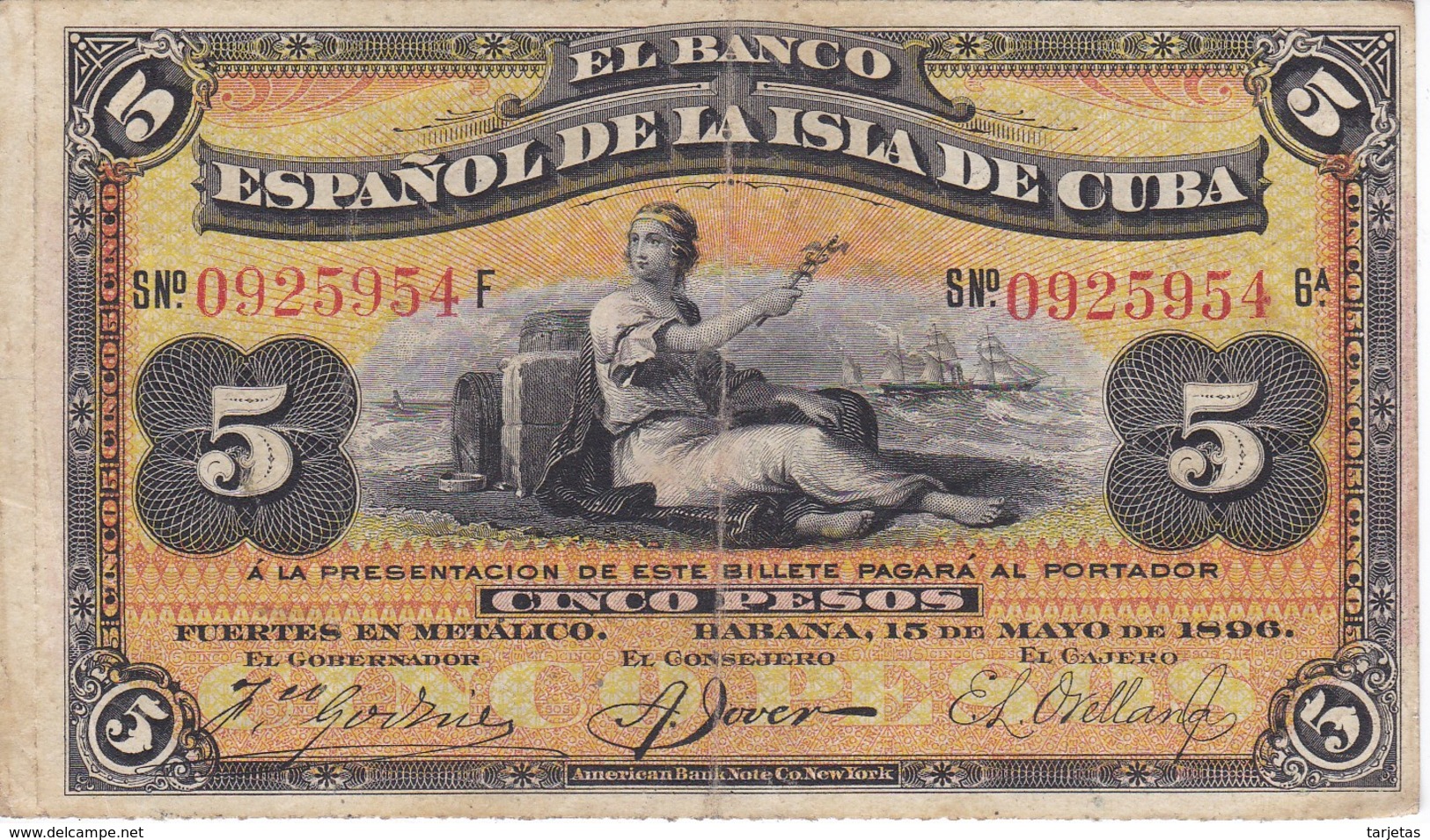 BILLETE DEL BANCO ESPAÑOL EN CUBA DE 5 PESOS DEL AÑO 1896 CON SELLO PLATA (BANKNOTE) - Otros & Sin Clasificación