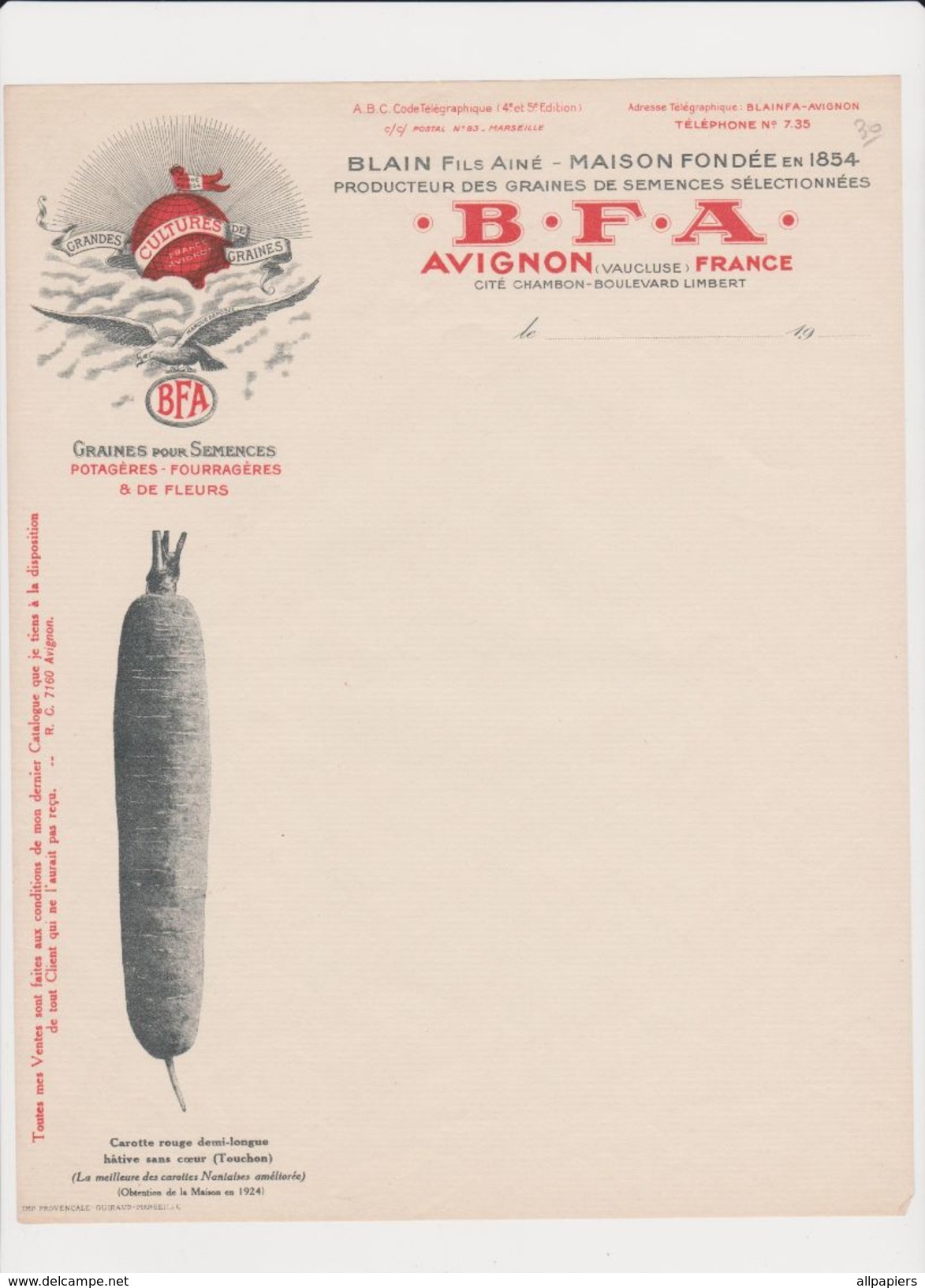 Facture Vierge Producteur Des Graines De Semences Sélectionnées B.F.A Avignon - Agriculture