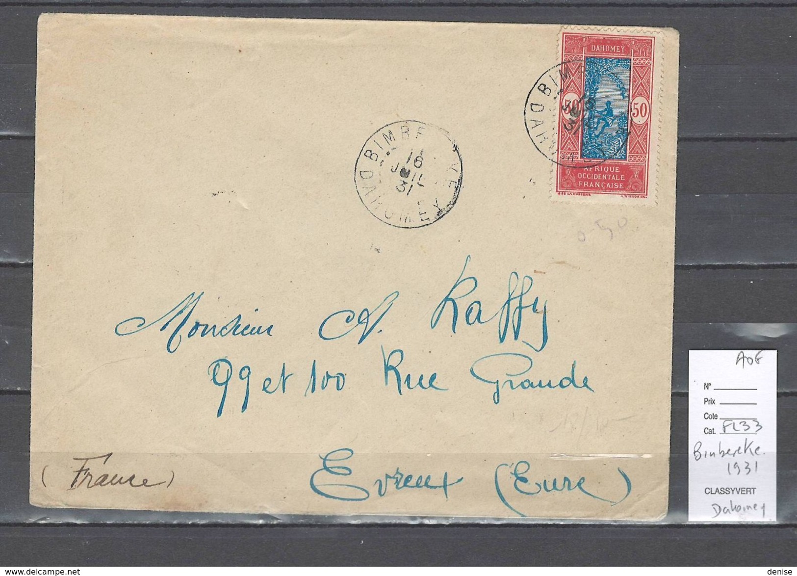 Dahomey  - Cachet De Bimbereke - 1931 - Transit Cotonou En Bleu Au Verso- Marcophilie AOF - Lettres & Documents