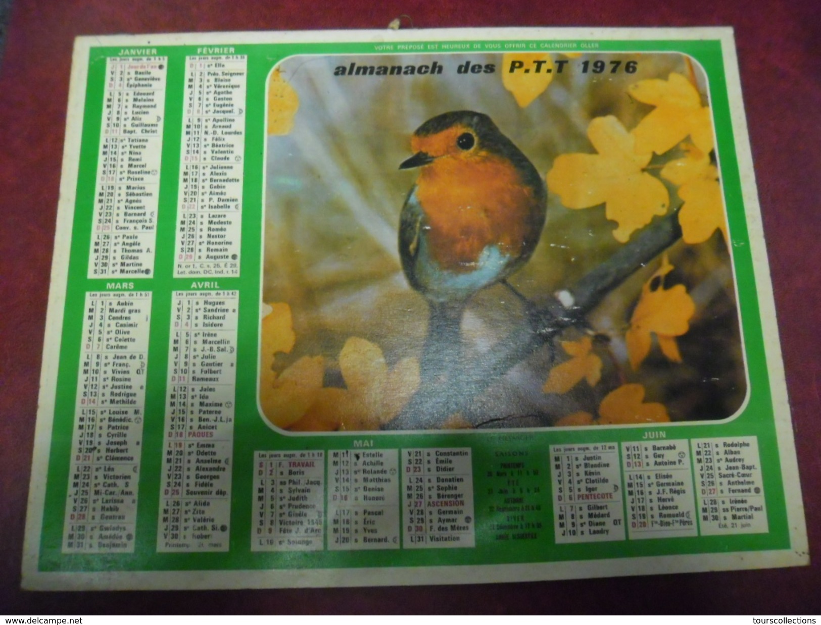 CALENDRIER 1976 POSTES PTT - Garçon Et Chien Cocker Puis Oiseau Rossignol - Oller - Plan De L'Orne (61) - Grand Format : 1971-80