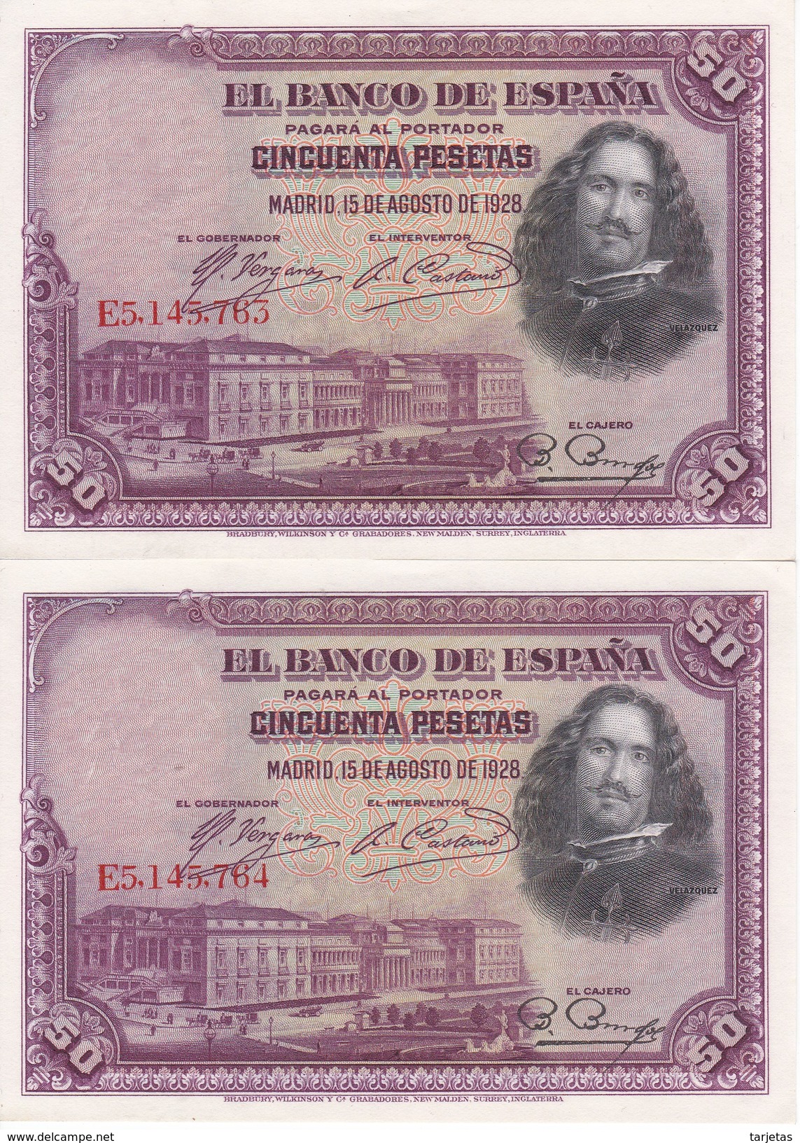 PAREJA CORRELATIVA DE 50 PTAS DE 1928 DE VELAZQUEZ SERIE E SIN CIRCULAR-UNCIRCULATED (BANKNOTE) - 50 Peseten