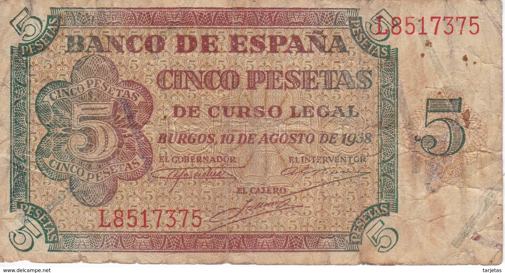 BILLETE DE ESPAÑA DE 5 PTAS DE BURGOS DEL AÑO 1938 SERIE L  (BANKNOTE) - 5 Peseten