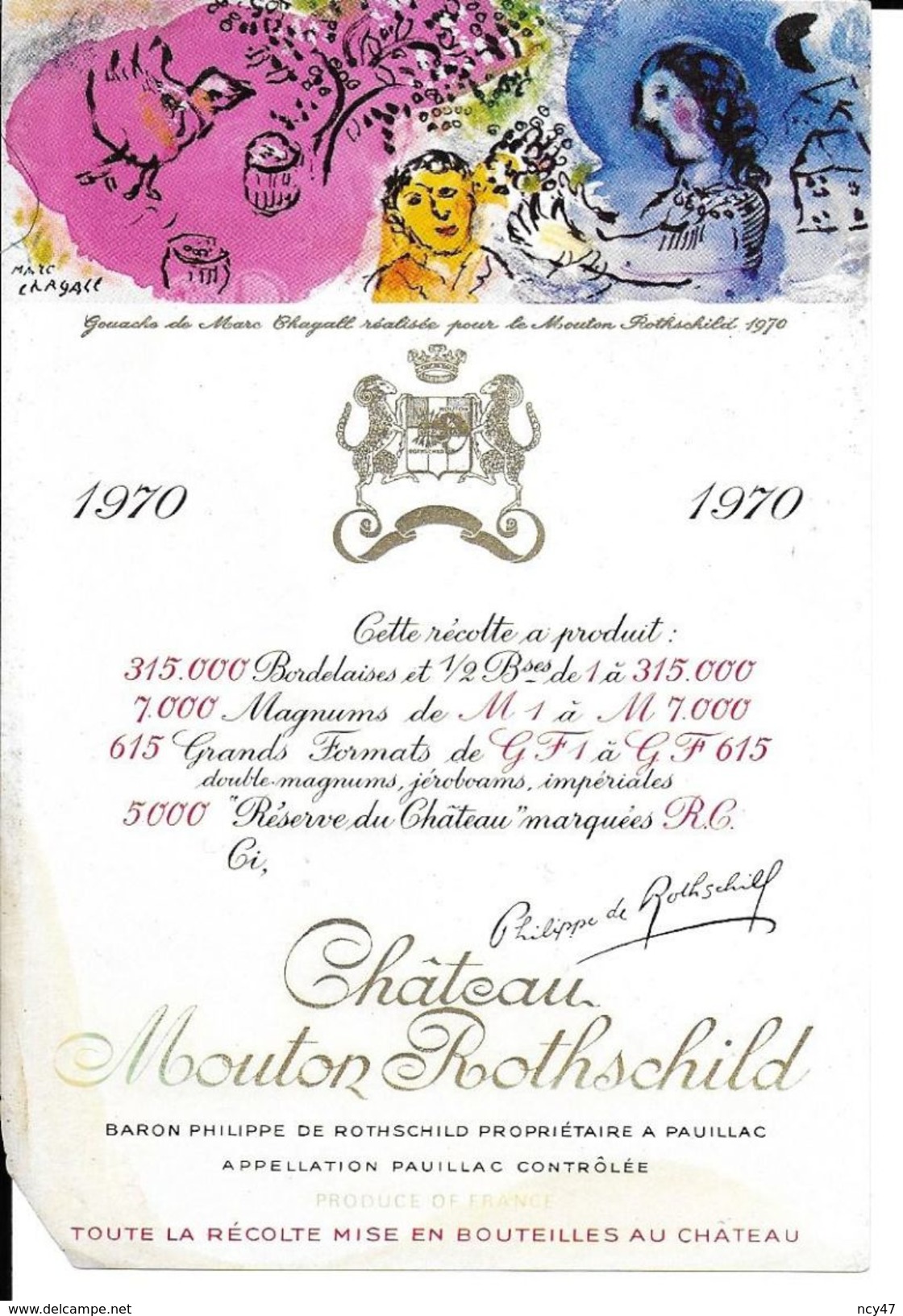 ETIQUETTES De VINS.  Château MOUTON ROTHSCHILD  1970  (Bordeaux). Philippe De Rothschild  75cl. ..I 601 - Bordeaux