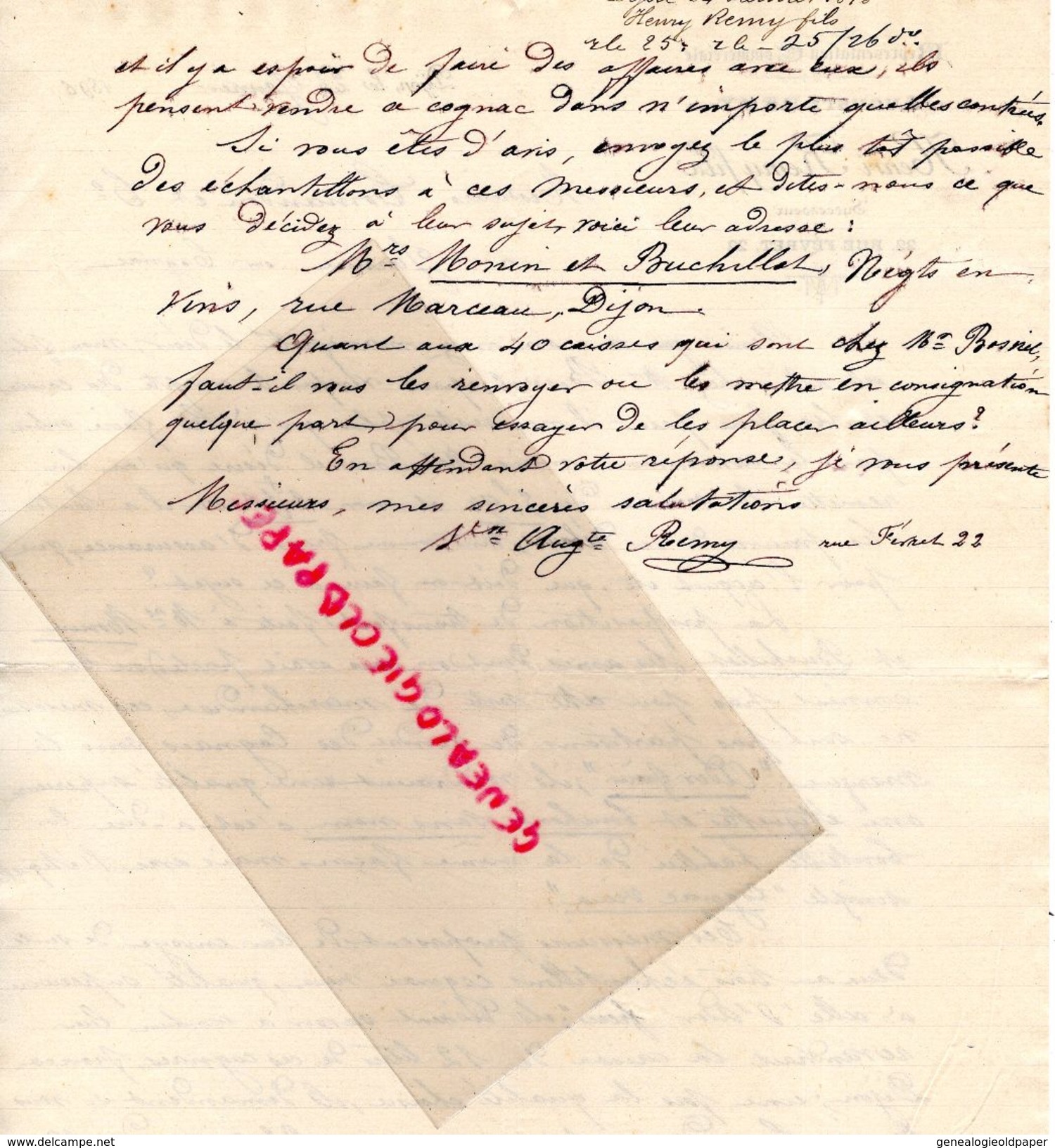 21- DIJON- RARE LETTRE MANUSCRITE SIGNEE AUGUSTE HENRI REMY - REPRESENTATION COMMERCIALE- 22 RUE FEVRET-1896 - 1800 – 1899