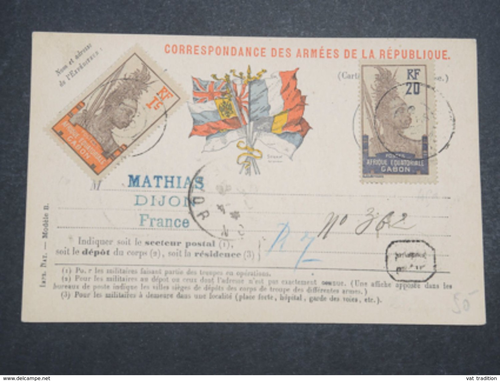 GABON - Carte De Franchise Militaire De Port Gentil Pour Dijon En 1920 -  L 10526 - Brieven En Documenten