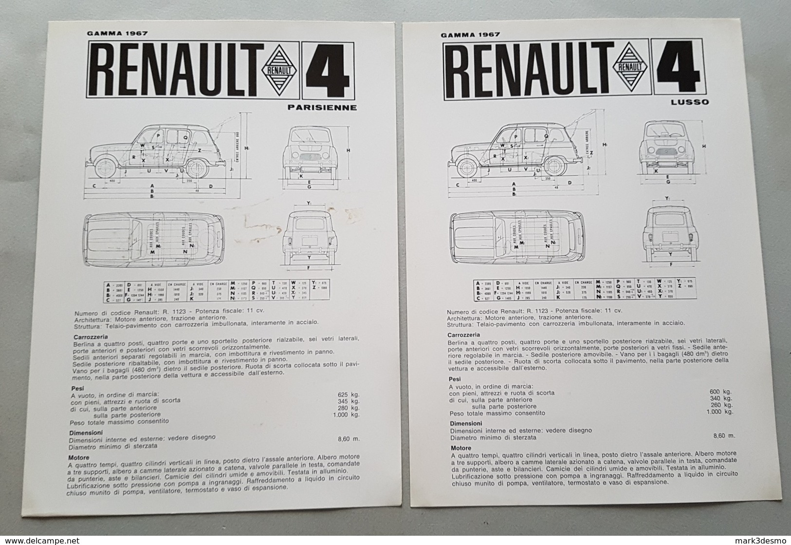 Renault R4 Parisienne-Lusso 1967 2 SCHEDE Tecniche Depliant Brochure Originale Auto - Genuine Car Brochure - Automobili