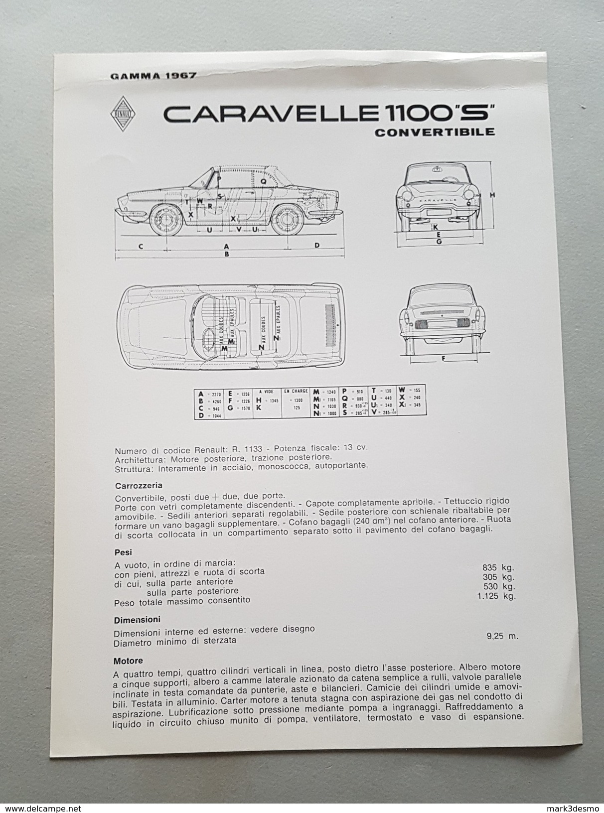 Renault Caravelle 1100 S 1967 SCHEDA TECNICA Depliant Brochure Originale Auto - Genuine Car Brochure - Motori