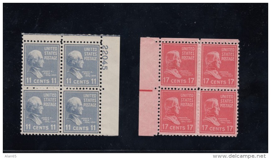 Sc#816 &amp; #822, 11- And 17-cent 1938 Presidential Issues, #816 IsPlate # Block Of 4 Unused Stamps, #822 MNH Block Of  - Plattennummern