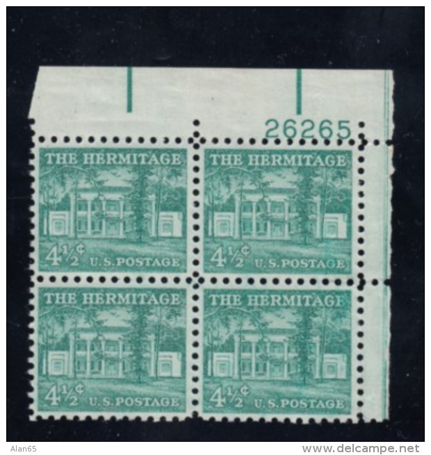 Sc#1037 4-1/2 Cent The Hermitage Andrew Jackson Home Liberty Regular Issue, Plate # Block Of 4 Mint Stamps - Plattennummern