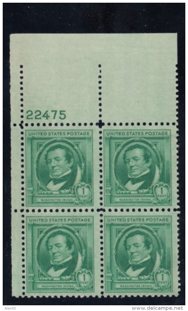 Sc#859 1-cent Washington Irving Famous Americans Issue, Plate # Block Of 4 MNH Stamps - Plate Blocks & Sheetlets