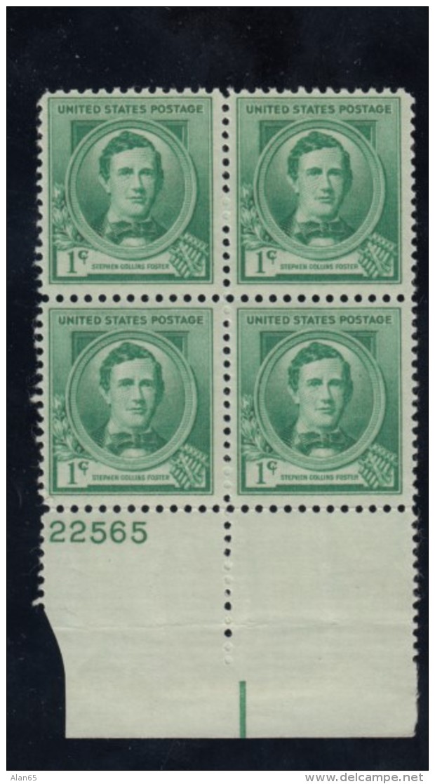 Sc#879 1-cent Steven Collins Famous Composers Americans Issue, Plate # Block Of 4 Unused OG Hinged Stamps - Plattennummern