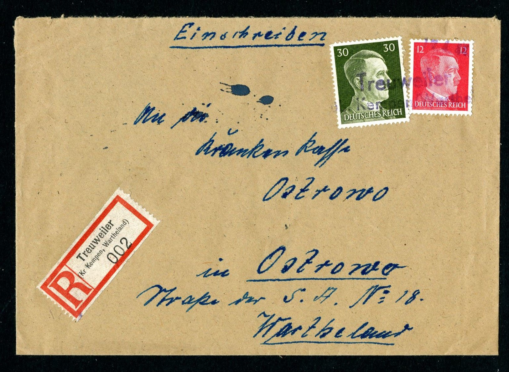 DR Einschreiben Versicherung Notstempel 1944 Treuweiler Kreis Kemen Wartheland Nach Ostrowo L1143 - Briefe U. Dokumente