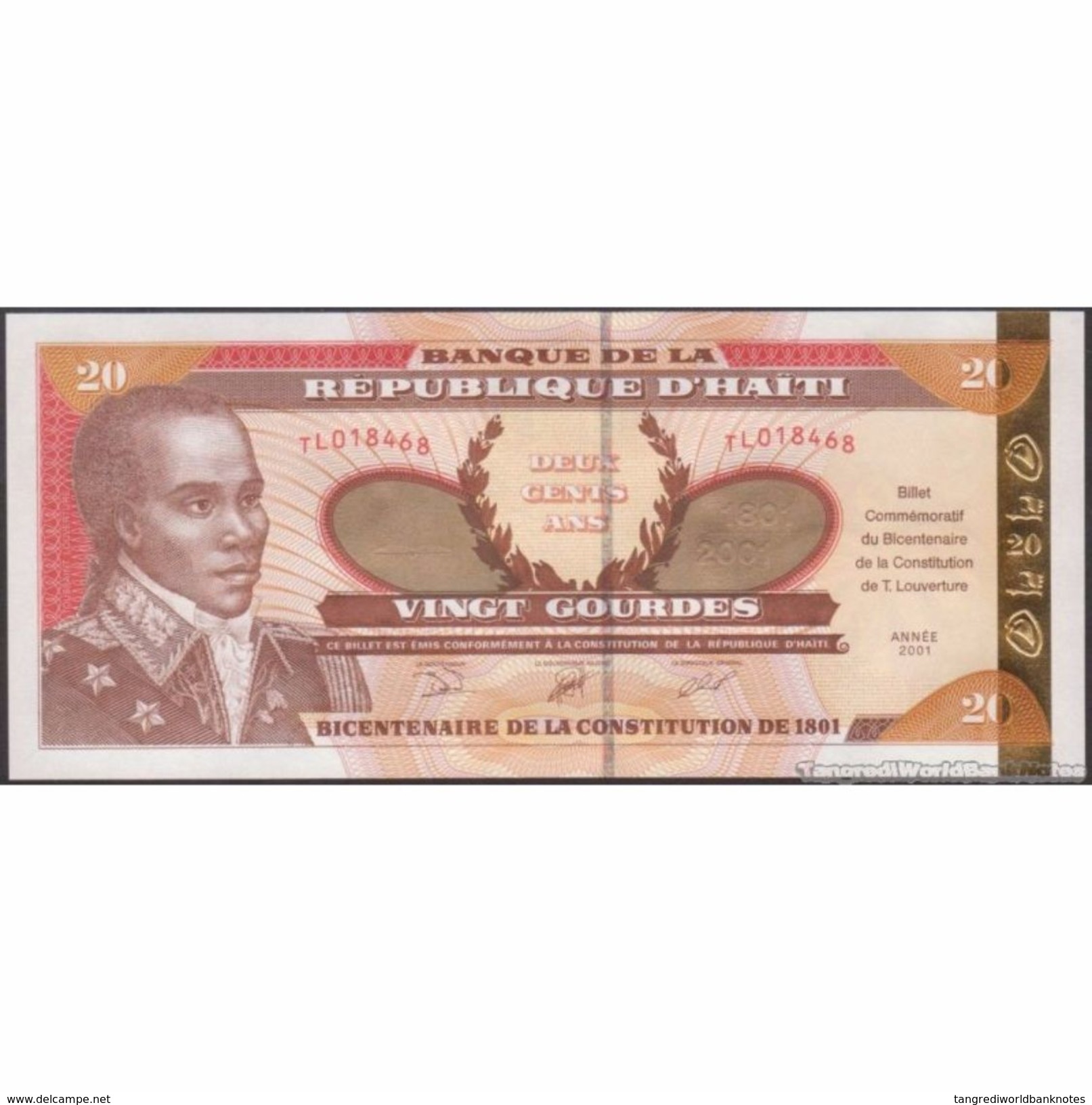 TWN - HAITI 271 - 20 Gourdes 2001 200th Ann. Of The Constitution Of Toussaint L'Overture - Prefix TLO UNC - Haiti