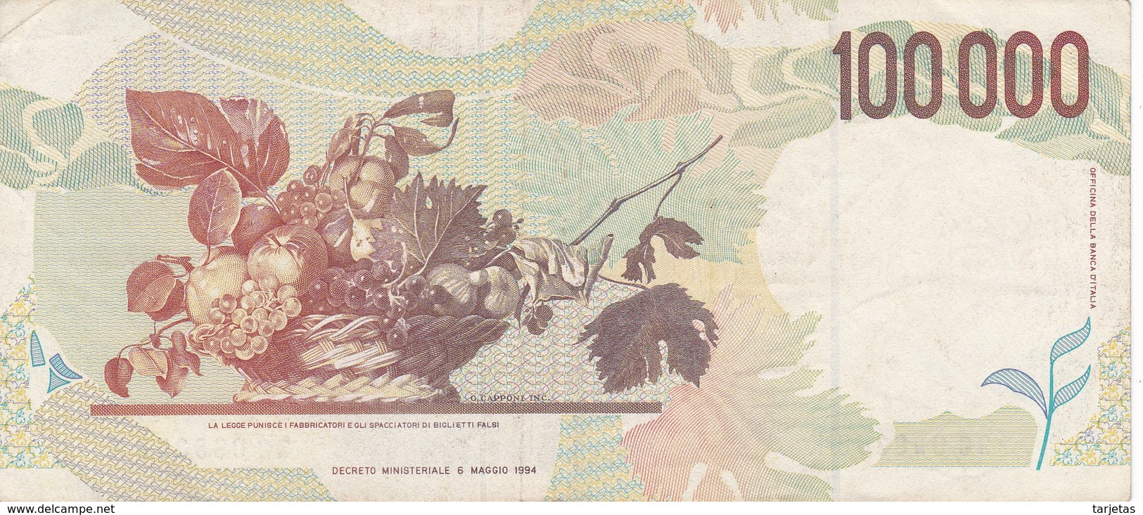 BILLETE DE ITALIA DE 100000 LIRAS DEL AÑO 1994 SERIE SC DE CARAVAGGIO (BANKNOTE-BANK NOTE) - 100000 Lire