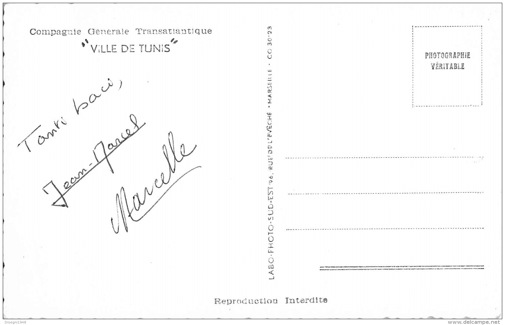 07164 "COMPAGNIE GENERALE TRANSATLANTIQUE - VILLE DE TUNIS"" CART. ORIG. N. SPED. - Piroscafi